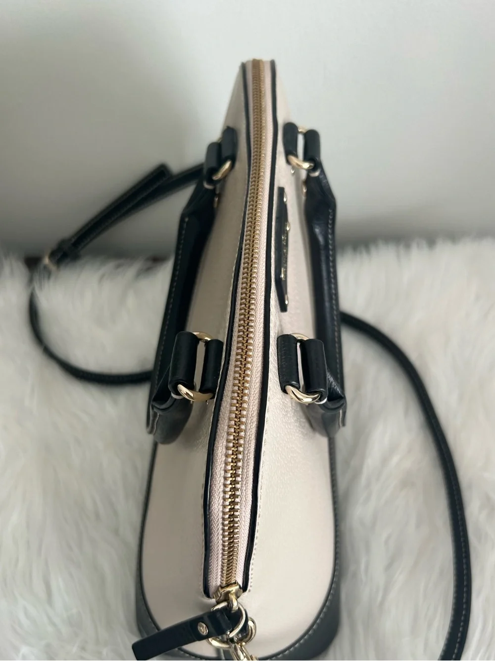 Kate Spade Cream Black Leather Dome Satchel Crossbody Shoulder Bag